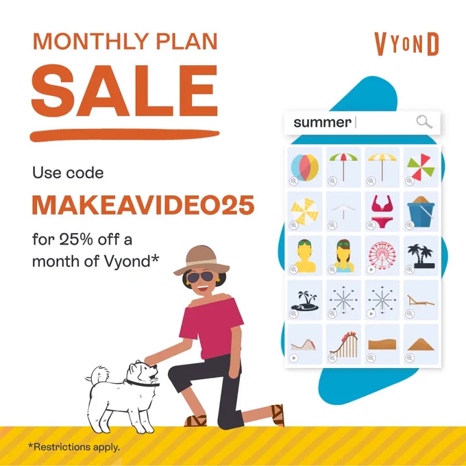 Vyond is having a monthly plan sale. Use the code MADEAVIDEO25 to receive 25% off of a single month of Vyond.