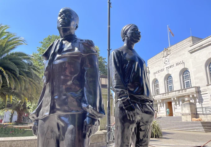 'Warm Shores' - the new Windrush Sculpture in front of Hackney Town Hall by Thomas J Price. It consists of 2 9ft tall bronze castings of people created by amalgamating 3D scanned images of over 30 Hackney residents.