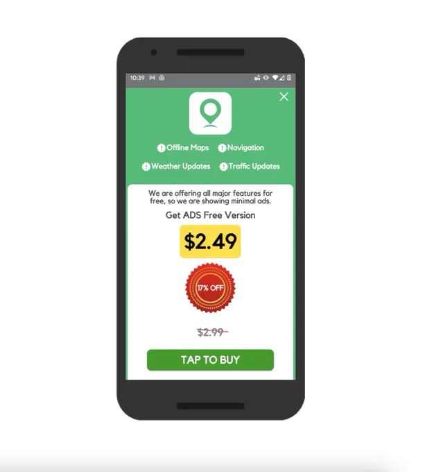 Image from Firebase use case study showing a mobile phone with a app showing an option to buy with text that says "Tap to buy"