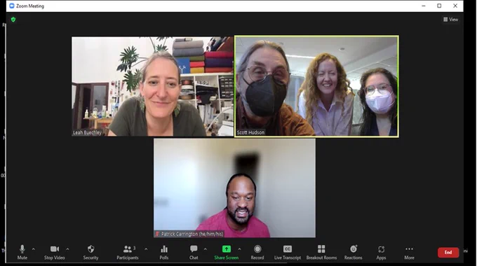 Screenshot of Drs. Leah Buechley, Patrick Carrington, Scott Hudson, and Jessica Hammer with Kristin Williams meeting over Zoom.