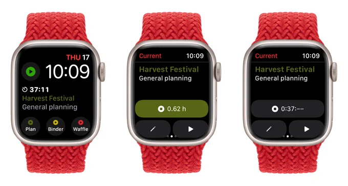 Three Apple Watches side by side showing new features in Timery for Apple Watch.

The first shows a watch face with the current time and a new Start Time Entry complication next to it that is a large, green start icon. Underneath is a Current Time Entry complication along with four Start Saved Timer complications. The current time entry complication shows a Timery icon with the duration on one line, the current project on a second line, and the description on a third line. The Start Saved Timer complications all have a start icon in various colors each with a label underneath. The left says plan, the middle says binder, and the right says waffle.

The second shows the Current Time Entry view inside the app with the start button showing the current duration in decimal format reading 0.62 hours.

The third shows the Current Time Entry view inside the app in Always On state where the stop button’s duration has the seconds hidden.