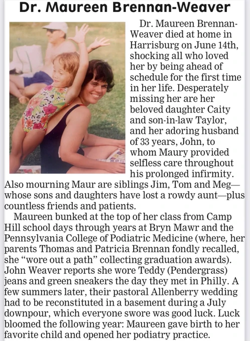 Obituary screenshot. Picture of me as a child, stretching out against my Mom’s back. She is sitting on a towel in the grass, smiling at the camera. We are both wearing swimsuits. 
Text at this URL: https://obits.pennlive.com/us/obituaries/pennlive/name/maureen-brennan-weaver-obituary?id=35333333