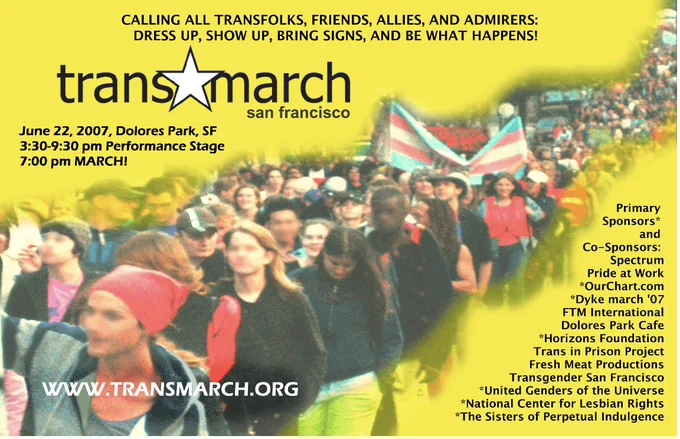 2007 Trans March ad showing people marching against yellow background