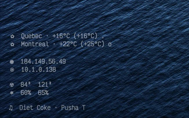 A screenshot of my desktop showing weather information, public & local IP addresses, humidity & radon levels and my current playing song.