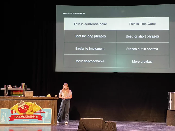 Sophie with a slide deck about when to use sentence case vs Title case