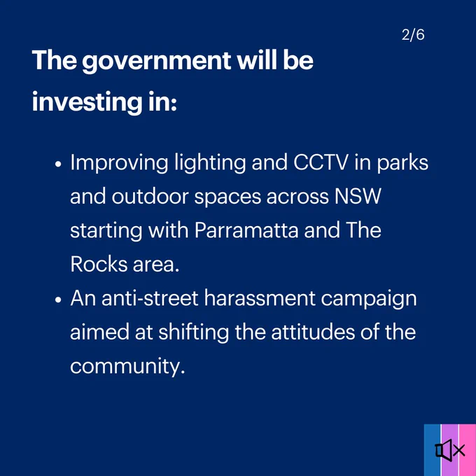 Tile 2 reads "The government will be investing in: Improving lighting and CCTV in parks and outdoor spaces across NSW starting with Parramatta and The Rocks area. An anti-street harassment campaign aimed at shifting the attitudes of the community."