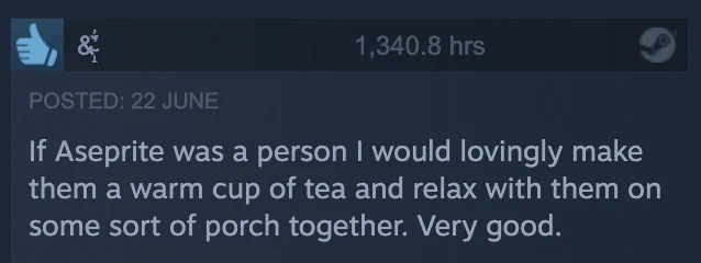 Aseprite review on Steam: "If Aseprite was a person I would lovingly make them a warm cup of tea and relax with them on some sort of porch together. Very good."