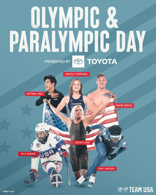 Graphic for Olympic & Paralympic Day presented by Toyota featuring a collage of Team USA athletes; Nathan Chen, Melissa Stockwell, Erin Jackson, Rico Roman, Jessica Long and Caeleb Dressel 