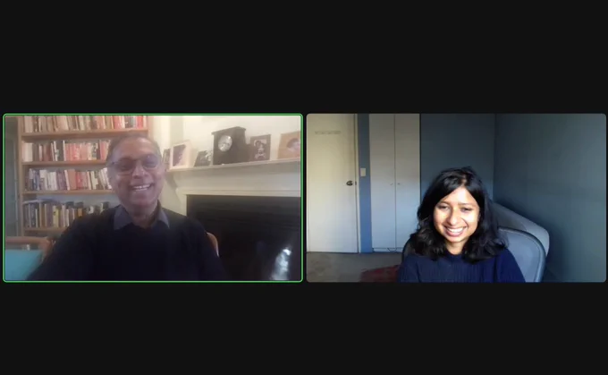 Screenshot of a Zoom meting between Jagath and Neha. Both are sitting in their homes and smiling at each other and the camera.