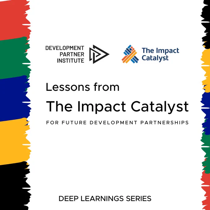 Tile with the colours of the South African flag and the words 'Lessons from the Impact Catalyst for future development partnerships'