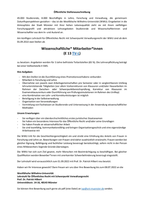 Screenshot der verlinkten Stellenausschreibung.