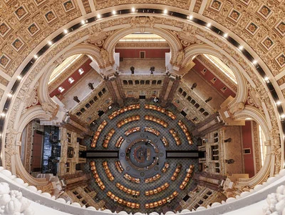 The Main Reading Room sits beneath the soaring ceiling of the Jefferson Building dome, June 17, 2022. Photo by Shawn Miller/Library of Congress.