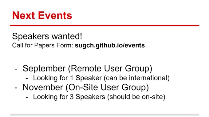 Speakers wanted!

September (Remote User Group): Looking for 1 Speaker (can be international)
November (On-Site User Group): Looking for 3 Speakers (should be on-site)

Call for Papers Form: sugch.github.io/events