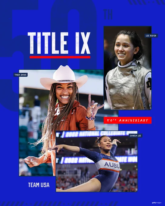 Graphic that reads "Title IX 50th" and pictures 3 Team USA athletes; Tara Davis (track and field), Sunisa Lee (gymnastics) and Lee Kiefer (Fencing) 