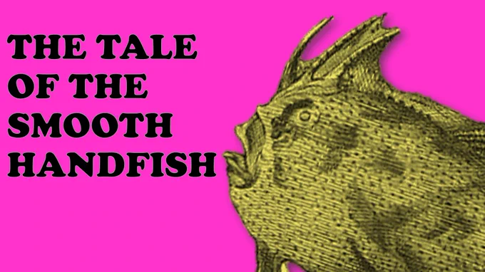 Presentation slide titled The Tale of the Smooth Handfish. Electric pink background with a yellow handfish in the foreground. 