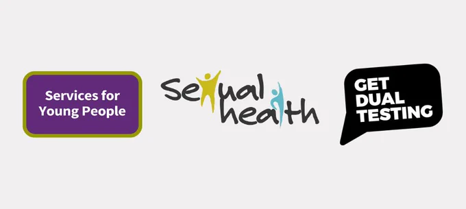 Services for Young People Logo, Sexual Health Logo and Dual Testing logo on a pale grey background