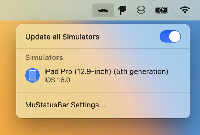 Screenshot of MuStatusBar showing the list of simulators that it’s monitoring and updating the status bar of.