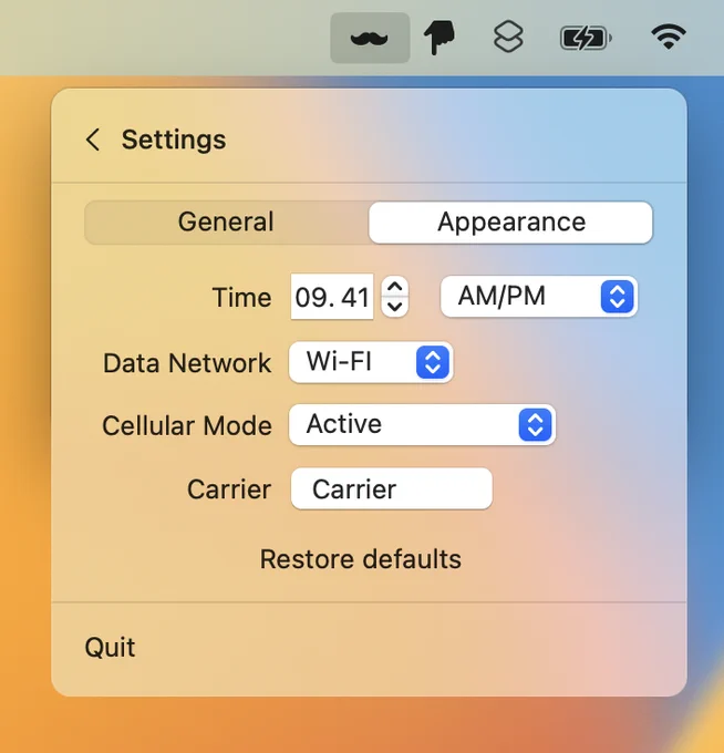 Screenshot of MuStatusBar showing it’s settings. Users can customize the time, network condition, battery level, and carrier name to be shown in the simulator.