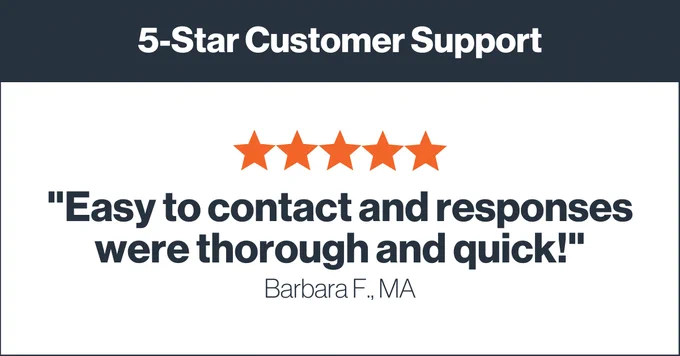 5-Star Customer Support: Easy to contact and responses were thorough and quick! –Barbara F., MA