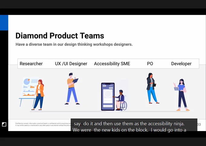 Screenshot of Diamond Product Teams slide recommending having a diverse team in our design thinking workshops