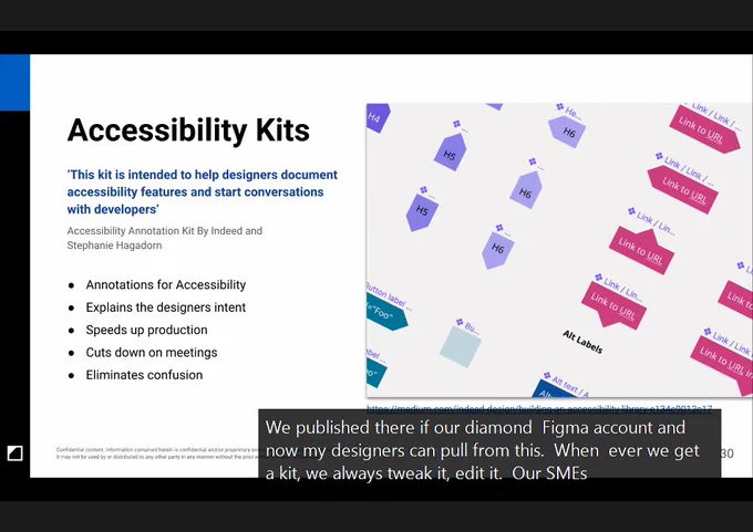Screenshot of slide on Accessibility Kits to help designers document accessibility features and start conversations with developers.