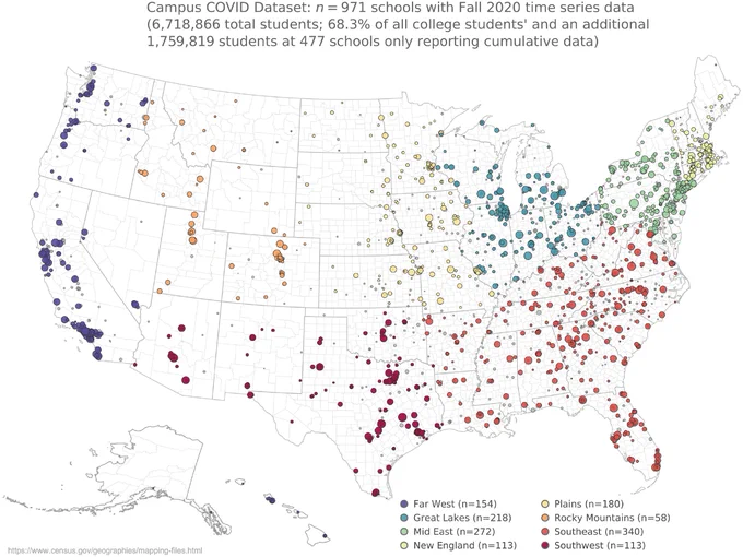 Image is Figure 1 of the paper showing a map of the 1,448 institutes of higher education included in the Campus COVID Datase