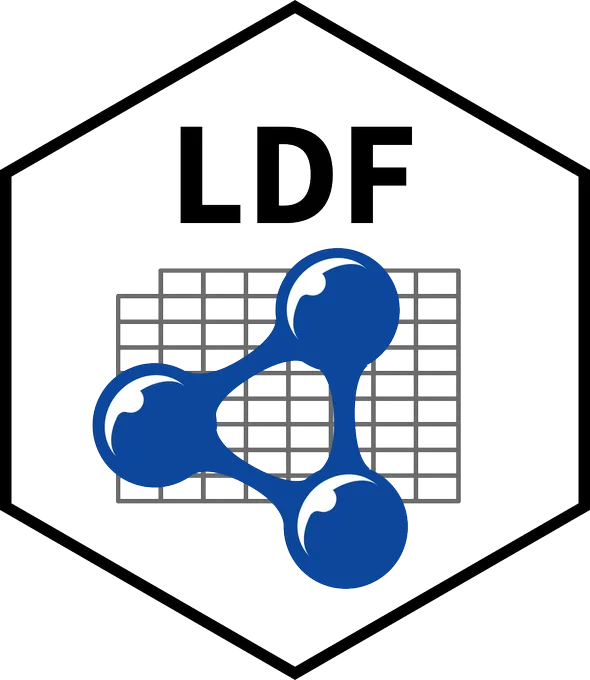 The LDF package logo is a hexagon with the RDF blob-and-line logo over the top of a grid symbolising a data frame