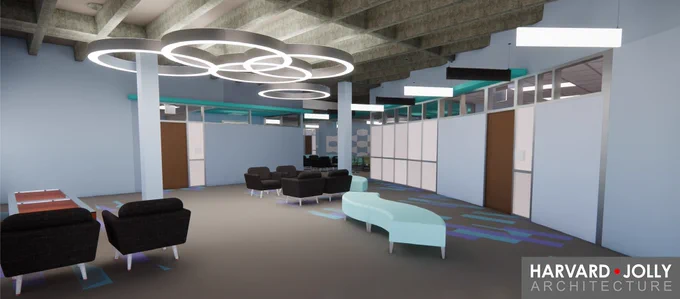 Computer rendering of a lobby area filled with black lounge chairs, an aqua couch, and round white lighting fixtures. Faculty office doors surround the lobby.