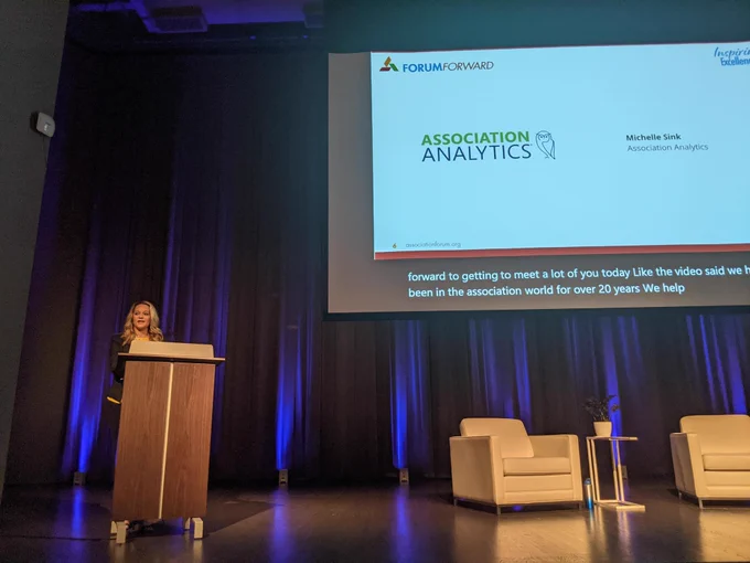 Michele Sink from Association Analytics on stage at Forum Forward - 2022