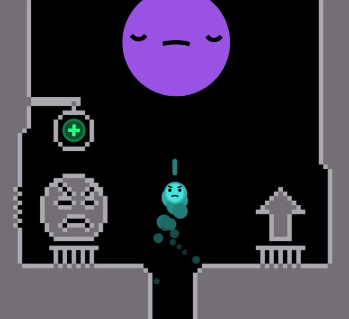 The player, an angry-looking face on a circle body, smolders with powerupedness as it races upwards through a chamber decorated with sculptures on pedestals and a little hanging lamp, in a primitive pixel-art style. An enormous sleeping head (also a circle with a simple face) looms above.