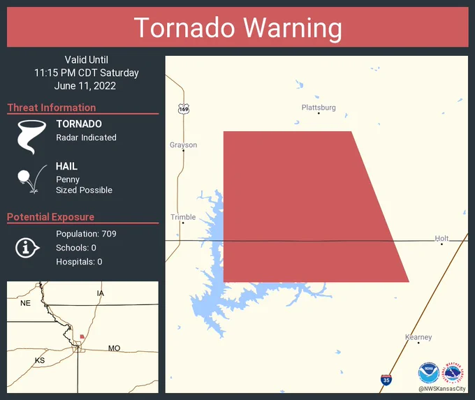 This graphic displays a tornado warning plotted on a map. The warning is in effect until 11:15 PM CDT. The warning includes Clay County, MO, Clinton County, MO.  This warning is for Southwestern Clinton County in northwestern Missouri and North central Clay County in west central Missouri. The threats associated with this warning are a radar indicated tornado and penny sized hail. There are 709 people in the warning along with 0 schools and 0 hospitals.