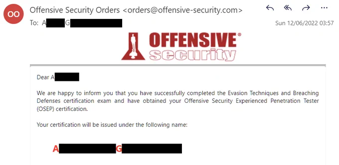 OSEP Certification Pass email from Offensive Security