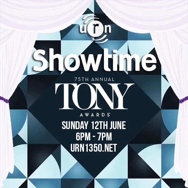 White theatre curtains frame a blue mosaic background (this year's colour scheme for the Tony Awards). The text reads URN Showtime, 75th Annual Tony Awards, Sunday 12th June, 6pm to 7pm, urn1350.net 