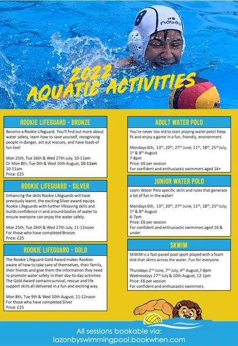 Rule the Pool this summer with the aquatic activities at Lazonby Outdoor Swimming Pool  
Activities: 
Rookie Lifeguard Crash Courses 
Junior Water Polo 
Adult Water Polo 
SKWIM 
Get signed up now: bookwhen.com/lazonbyswimmingpool
For more information email info@lazonbypool.co.uk