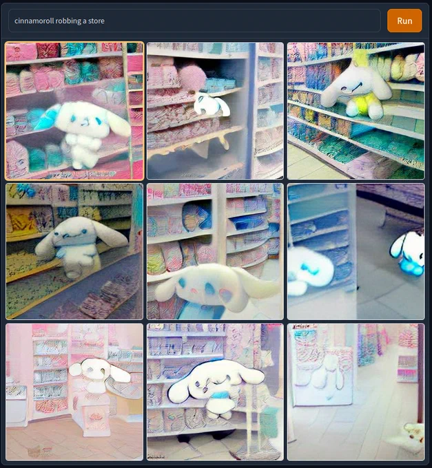 Screenshot of the prompt "cinnamoroll robbing a store" in the DALL-E Mini AI image generator app. Cinnamoroll looks horribly disfigured while climbing and floating around store shelves.