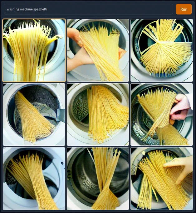 Screenshot of the prompt "washing machine spaghetti" in the DALL-E Mini AI image generator app. Spaghetti is shown being loaded into washing machines, sometimes with hands.