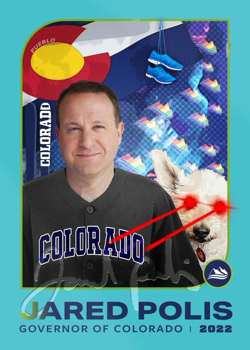 Image of NFT featuring Colorado Governor Jared Polis with his dog, Gia, shooting lasers out of her eyes, the Colorado flag, rainbow colored mountains, and blue sneakers.