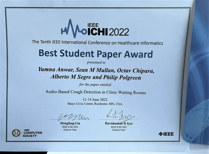 "Best Student Paper Award" for UIowa CS PhD student Yumna Anwar et al, received at IEEE ICHI 2022