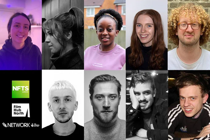 Headshots of the 9 directors taking part in the FHN x NFTS Director Training Scheme: (Top, Left - Right) Ellie Hodgetts, Elsa Hunter-Weston, Funkẹ Alafiatayọ, Georgia Madden,  and Jakob Lancaster; (Bottom, Left - Right) Joseph Lazenby, Rory Wilson, Varun Raman & Tom Hancock.
