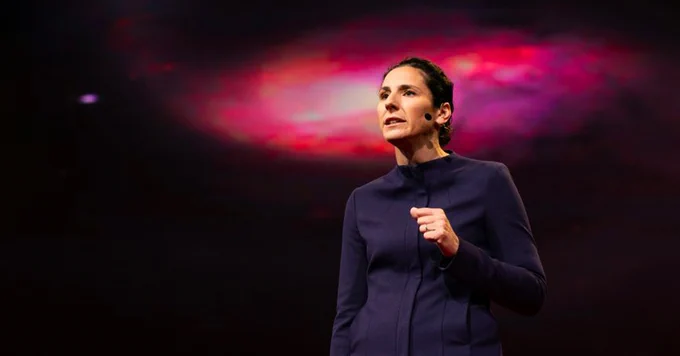 Juna Kollmeier is pictured on stage at TED2019: Bigger Than Us. April 15 – 19, 2019, in Vancouver.
