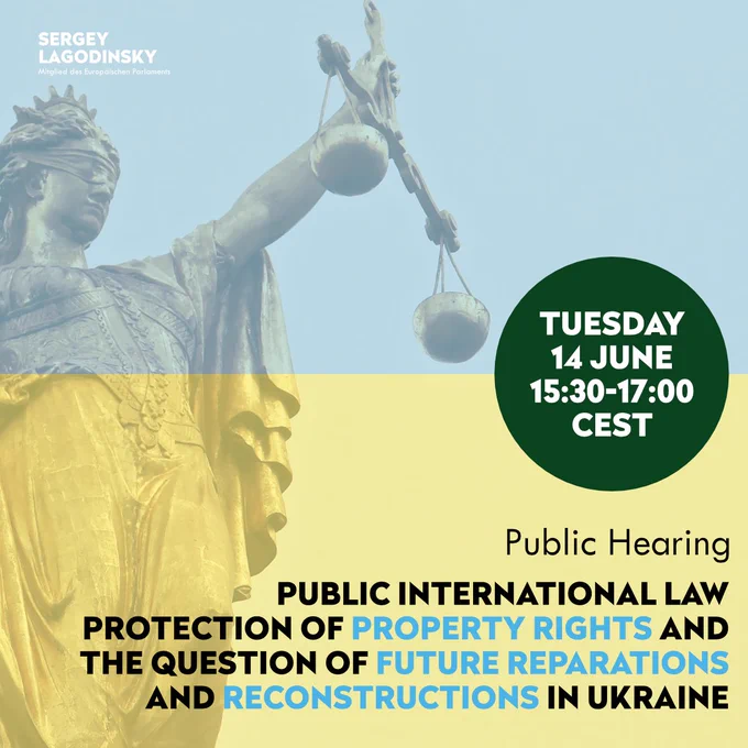 Announcement of the hearing on Public international law protection of property rights and the question of future reparations and reconstructions in Ukraine. Taking place on Tuesday, 14 June, from 15:30 to 17:00 CEST. The background is a justitia statue for illustration purposes.