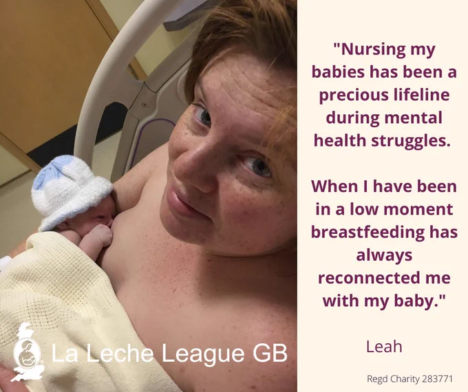 Leah looking up at the camera in hospital just after birth. Her newborn is at her breast. Text: "Nursing my babies has been a precious lifeline during mental health struggles - when I have been in a low moment breastfeeding has always reconnected me with my baby"