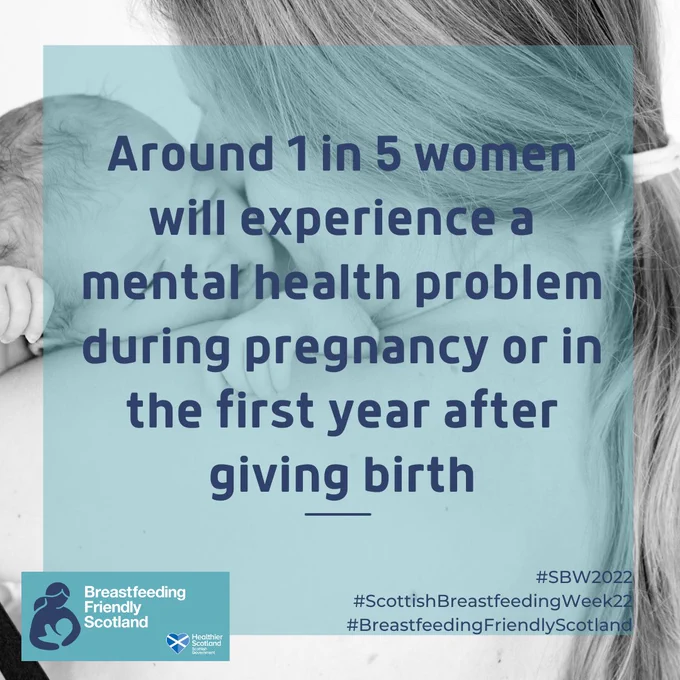 image of adult holding a baby and text that says "Around 1 in 5 women will experience a mental health problem during pregnancy or in the first year after giving birth" 