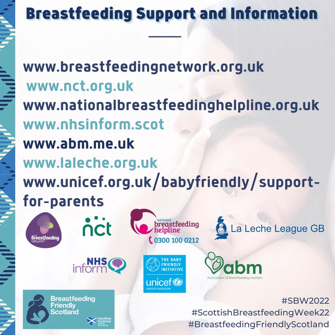 Image of breastfeeding organisation logos and text that says: 
Breastfeeding Support and Information
www.breastfeedingnetwork.org.uk
www.nct.org.uk
www.nationalbreastfeedinghelpline.org.uk
www.nhsinform.scot
www.abm.me.uk
www.laleche.org.uk
www.unicef.org.uk/babyfriendly/support-for-parents