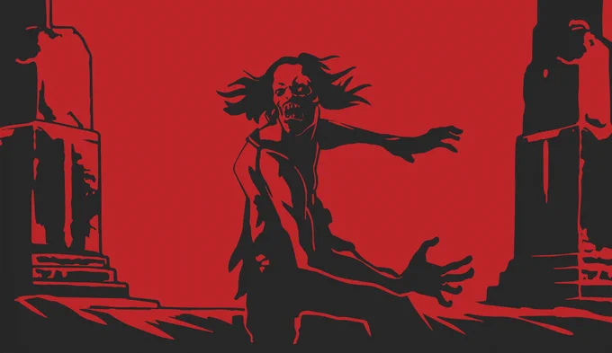 Illustration of a zombie rushing towards us, its teeth bared and hands in claws