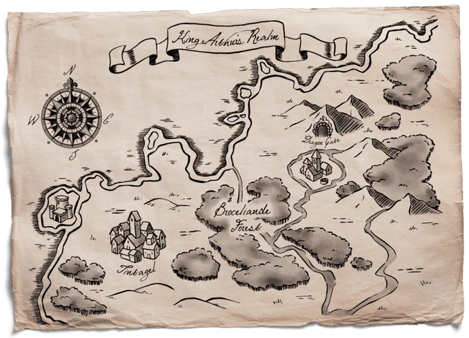Hand-drawn map on an ageing scroll showing King Arthur’s Realm, with Tintagel, a Dragon Gate, and forest