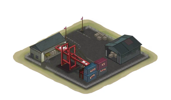 Isometric drawing of a warehouse with loading dock and shipping containers