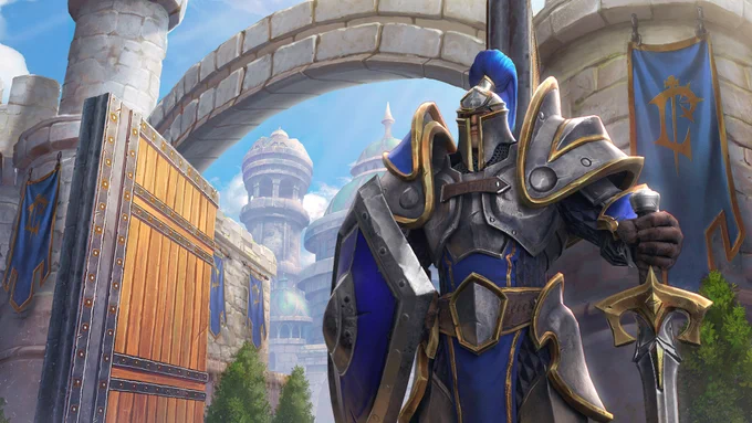 An armored human footman stands guard outside a castle gate.
