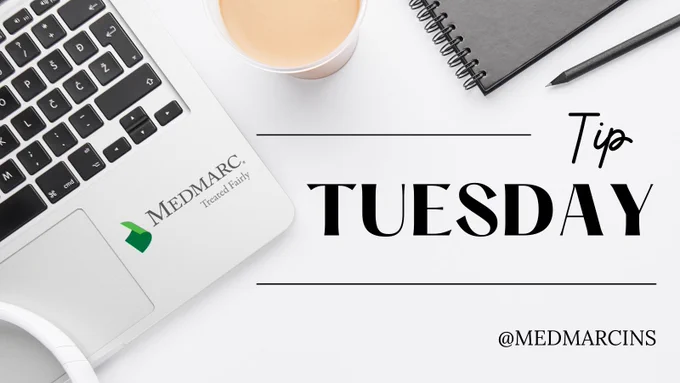 Stock image of corner laptop (Medmarc logo added), a coffee cup and corner of spiral notepad. Text reads "Tip Tuesday with @MEDMARCINS in bottom right corner.