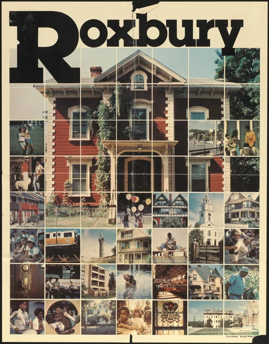 Photo collage of buildings and people in Roxbury.